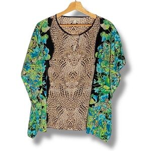 Dana Buchman Animal/Floral Print Silky Kimono Blouse